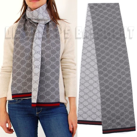 GUCCI gray & white SOLANGE Original GG red & blue WEB wool reversible long scarf - Picture 4 of 5